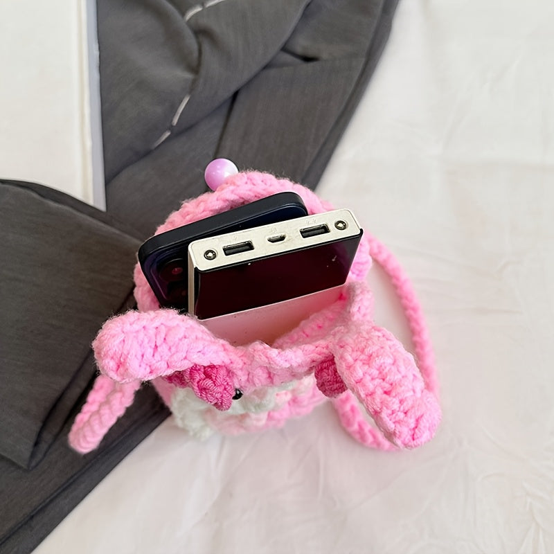 Handmade Crochet Rabbit Crossbody Bag - Adjustable Shoulder Strap,Cute Bunny Design,Suitable for mobile phones/Card/Change,Pink and yellow sweet style,Korean and Japanese Style Women's Fashion Accessories,Practical Small Bag,Fabric Craft,Simple Style,Soft