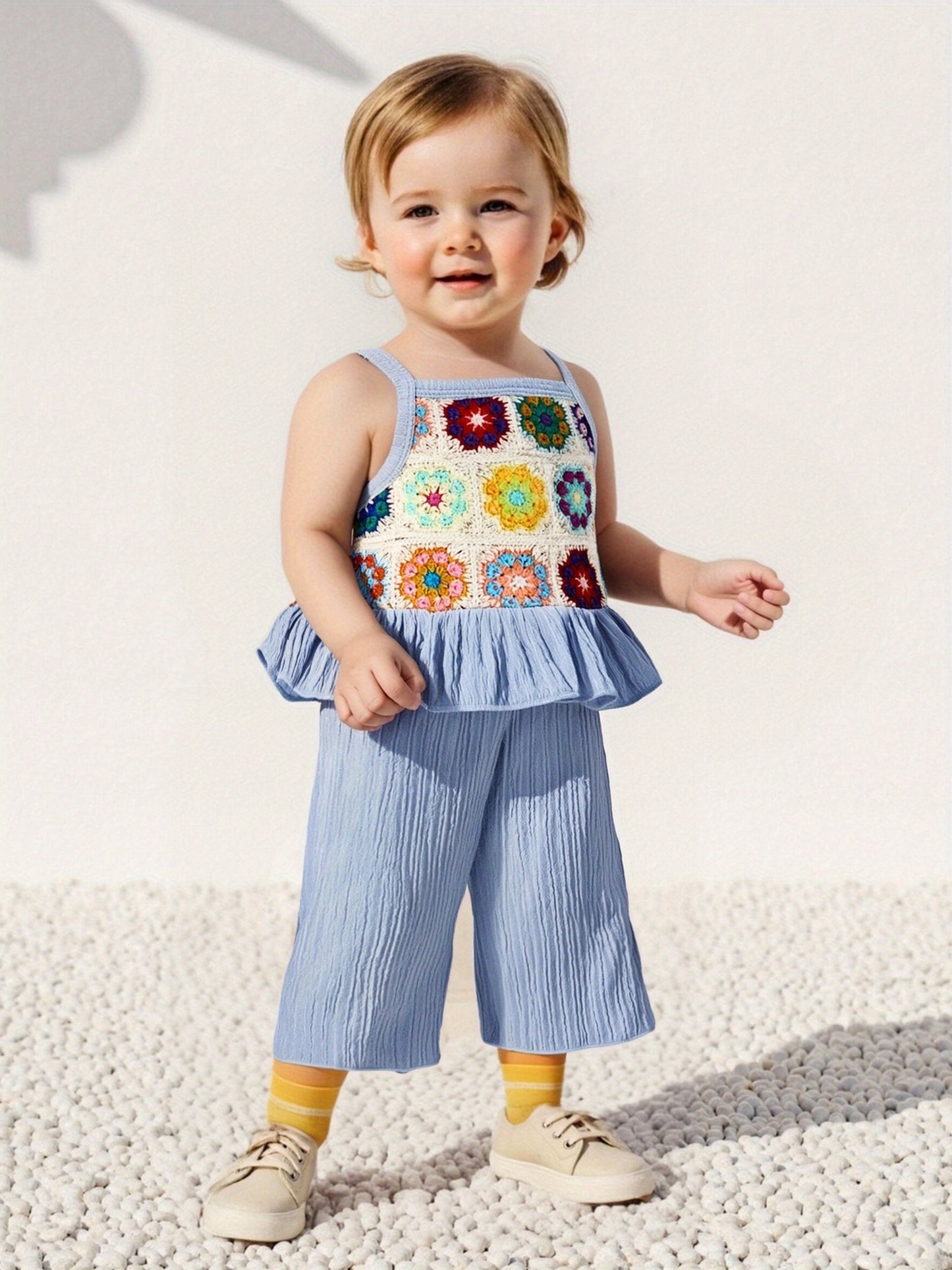 2pcs Boho Youngsters' Sleeveless Floral Crochet Knitted Ruffle Tank Cami Top & Wide Leg Pants Set - Elastic Waist, Linen Blend, Perfect for Summer Beach Outfits, Youngsters' Clothing | Floral Pattern Top | Crochet Knitted Fabric, Youngsters Clothes, for O