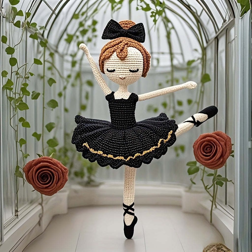 Beautiful Girl Wearing Black Ballet Dance Costume with Black Bow on Head,Adult DIY Crochet Kit with Yarn、Hook and Step-by-Step Video Tutorial,Home Decor and Birthday/Valentine's Day gift of choice
