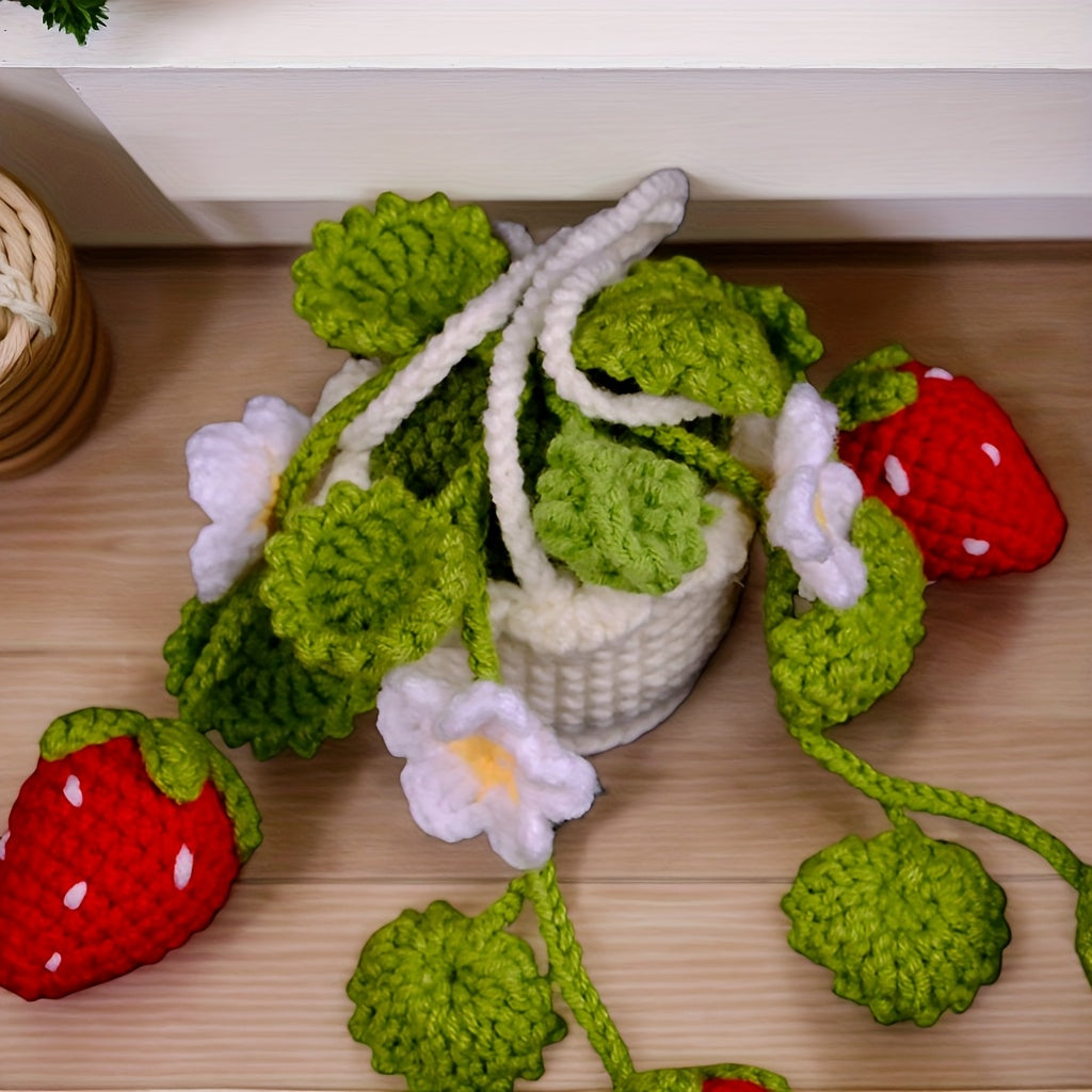 1Artificial Flowers,Handmade Crochet Strawberry Flower Pot Hanging Ornament,Handmade Crochet Strawberry Planting Hanging Ornament,7.8Inch Fabric Decoration,With Greenery,Suitable for living room and bedroom,Home Decoration,Car Decoration