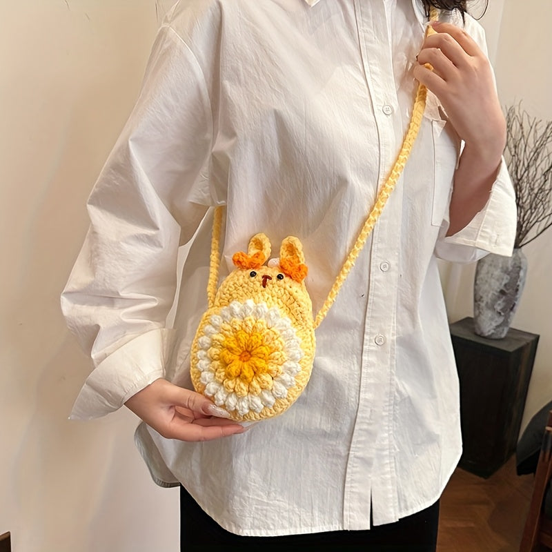 Handmade Crochet Rabbit Crossbody Bag - Adjustable Shoulder Strap,Cute Bunny Design,Suitable for mobile phones/Card/Change,Pink and yellow sweet style,Korean and Japanese Style Women's Fashion Accessories,Practical Small Bag,Fabric Craft,Simple Style,Soft