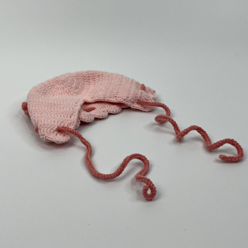 Customized products Handmade Crocheted Flower Decorated Baby Hat Cute Drawstring Baby Hat
