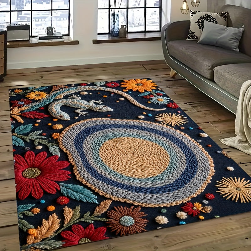 1pc Bohemian Crochet Lizard & Floral Design Velvet Carpet, 850g/m² + 6mm Thick, Polyester Backing, Natural & Stylish for Home Decor, Picnics, Desk, Camping, Room Decoration, Picnic Mat | Floral Pattern Mat | Durable Floor Ma