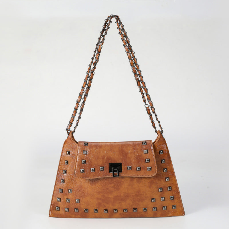 Vintage Punk Style Rivet Chain Shoulder Bag for Women2025New Fashion ins Crossbody Bag Large Capacity Cowhide Crossbody Bag