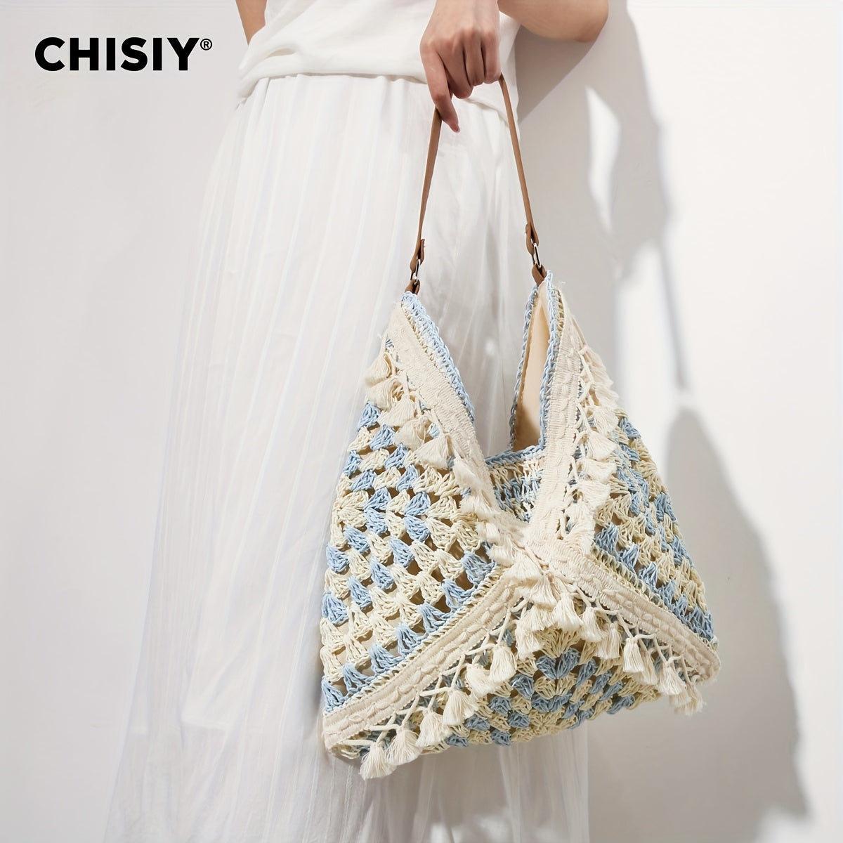 CHISIY Handmade Crochet Beach Tote Bag - Light Blue and White Woven Straw Shoulder Bag,Zipper Closure,Casual summer style suitable for women,Beach bag,Vacation Accessories,Woven Texture
