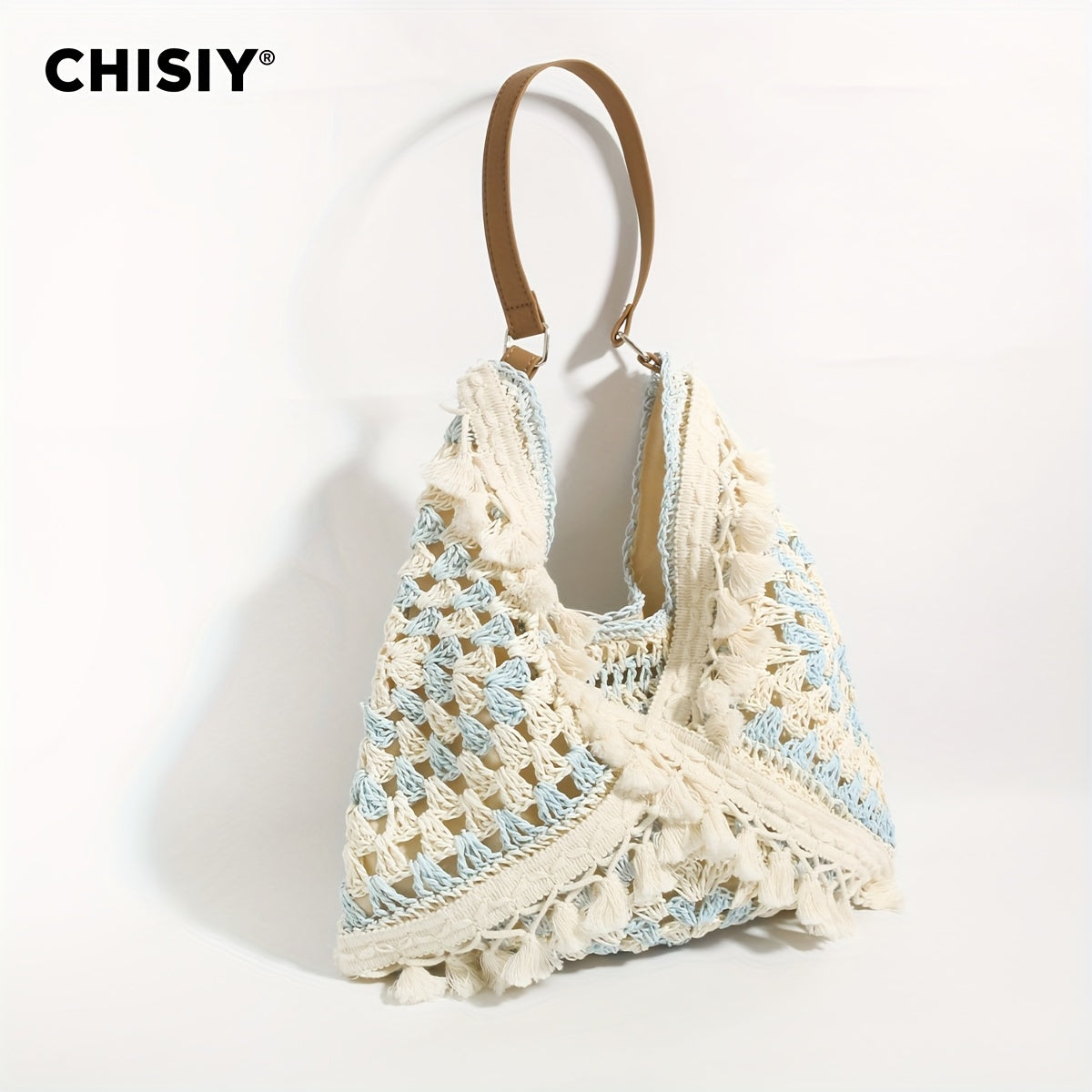 CHISIY Handmade Crochet Beach Tote Bag - Light Blue and White Woven Straw Shoulder Bag,Zipper Closure,Casual summer style suitable for women,Beach bag,Vacation Accessories,Woven Texture