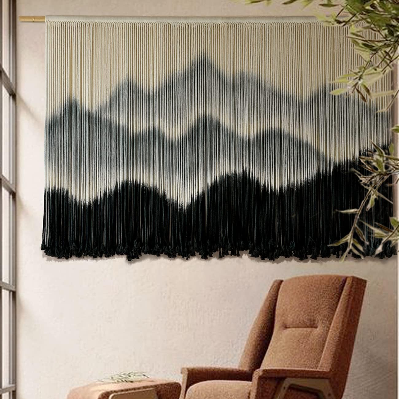 【Family relaxation】Large Bohemian Macrame Wall Hanging Canvas - Stripes、Gradient Blue and Black Fiber Art,Perfect for modern home decor,51Inches Wide x 31Inches Long,Cotton material,Bohemian Home Decor|Striped Pattern|Handmade Textile Products,McLamy Wall
