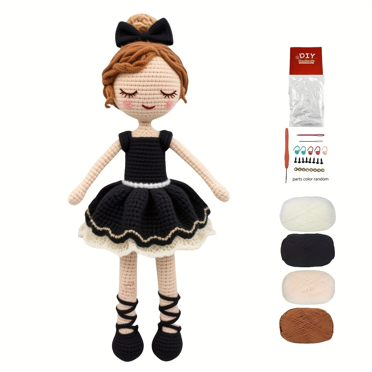 Beautiful Girl Wearing Black Ballet Dance Costume with Black Bow on Head,Adult DIY Crochet Kit with Yarn、Hook and Step-by-Step Video Tutorial,Home Decor and Birthday/Valentine's Day gift of choice