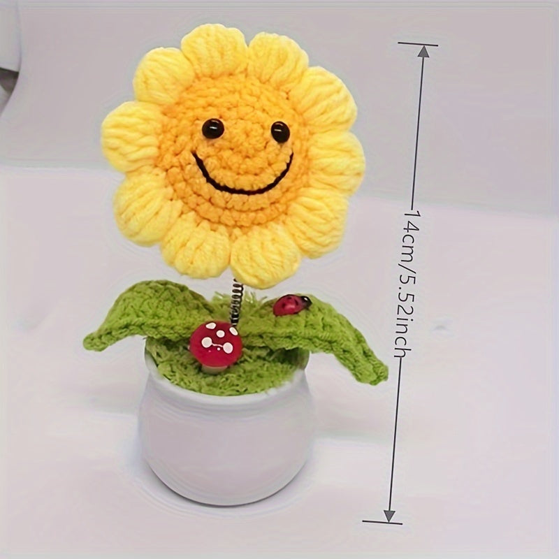 【Interior Decoration】Handmade Crochet Sunflower Potted Plant - Bright yellow and green smiling sunflowers,There is a red ladybug on the mushroom,Ideal Graduation Gift and Charming Car Decoration