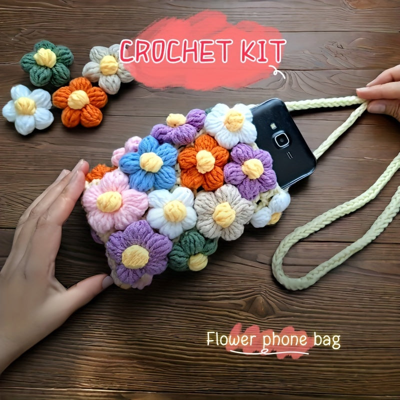 1 Beginner Crochet Kit for Making a Flower Phone Bag,Including English teaching videos、Crochet Kit for Adults