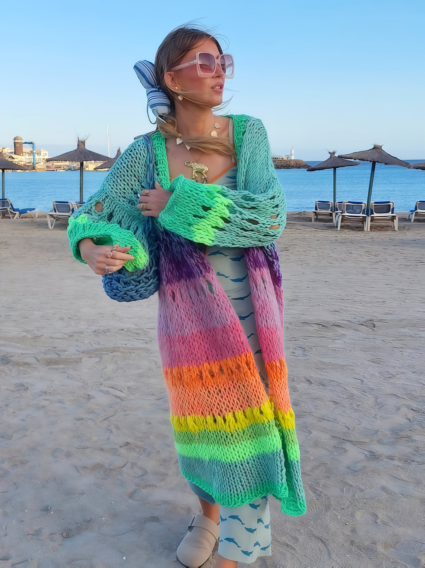 Luxurious hand- colorful Women's warm coat gradient bright color retro lantern sleeve ribbon cardigan fashionable boho long chic Women's coat Swimsuit Cover-ups K12