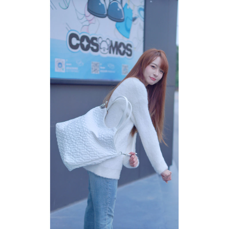 Two-tone Tote Bag2025New Large Capacity Casual Waterproof Tote Bag for Women in Cream White with Textured Pattern/Obsidian Black Coarse Flower Commuter Shopping Bag