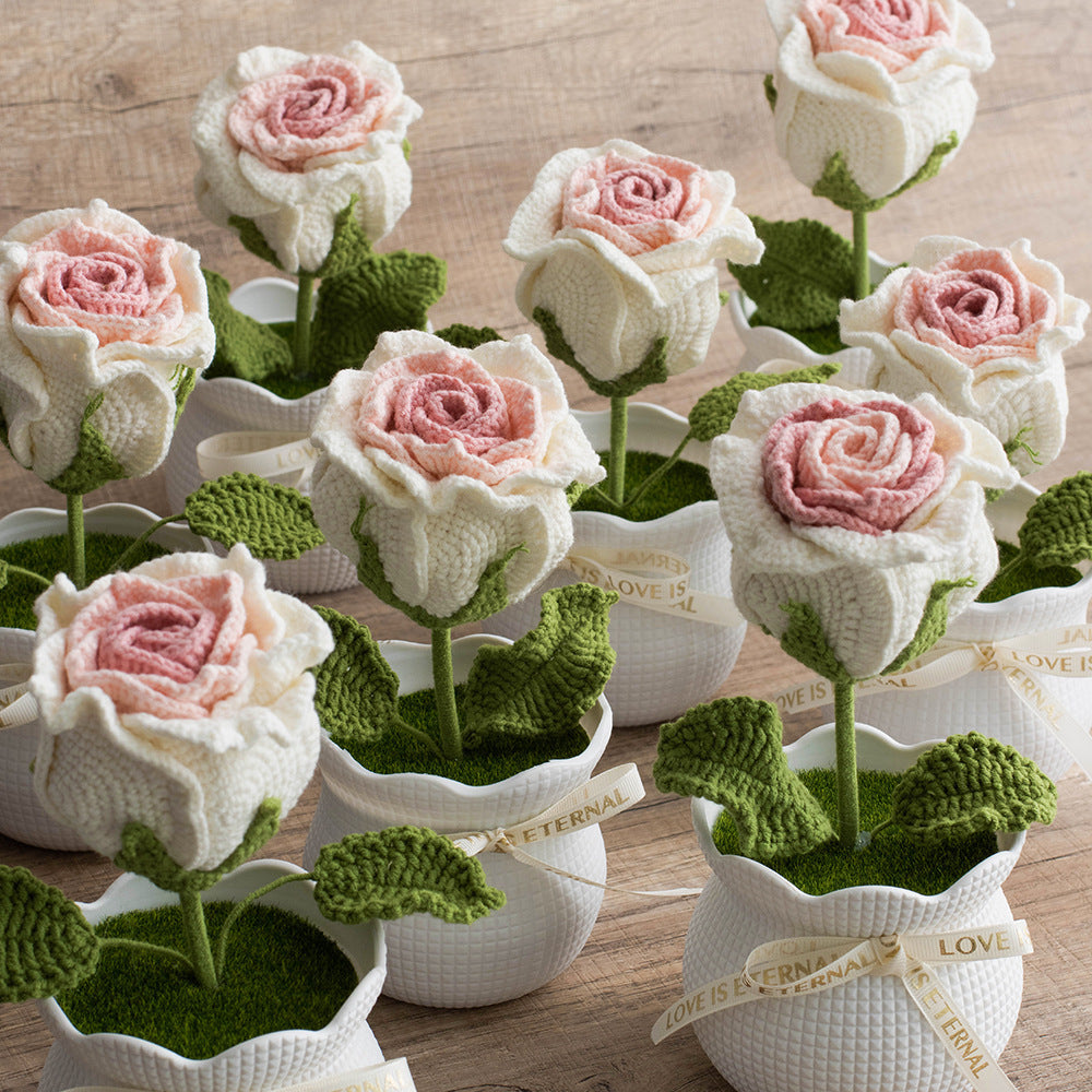Finished Handmade Yarn Crochet Rose Artificial Flower Potted Plant Office Desk Potted Plant Knitted Flower Ornament