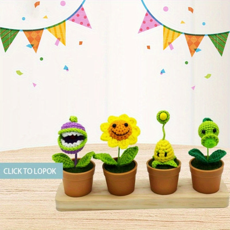 4Set of Artificial Sunflower, Pea, and Corn Plants Crochet Mini Potted Desktop Decorations Birthday Gift Car Home Outdoor Decoration Handicrafts Car Dashboard Hanging Decoration