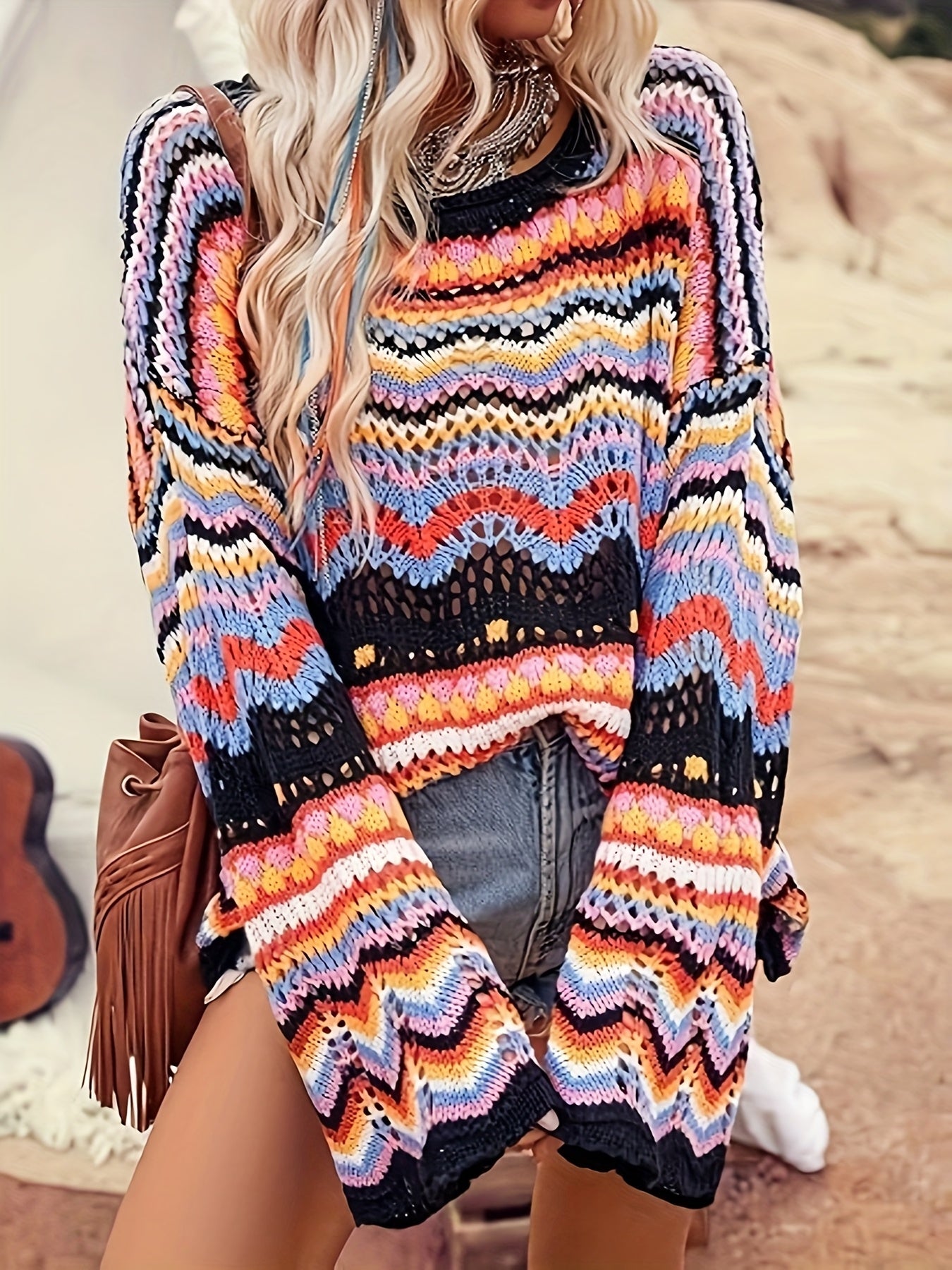 Plus-Size Women's Bohemian Color-Block Sweater - Semi-Sheer Drop Shoulder Crochet Top with Round Neck, Short Length & All-Season Casual Elegance, Crochet Sweater, Relaxed Fit Top, Vacation Style Clothing, Semisheer Fabric