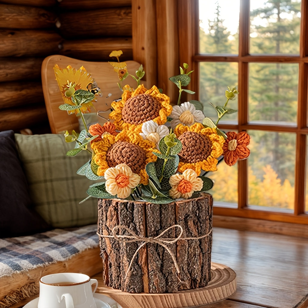 1 Handmade Crochet Sunflower Bouquet,Suitable for home decoration and desktop display,Simulated Polyester Flower,Christmas、Halloween、Easter、Thanksgiving Day、Seasonal Decorations for Valentine's Day and Mother's Day - No Battery Required