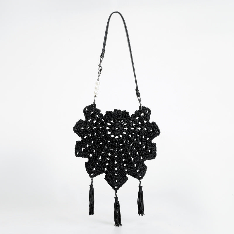 Handmade Crocheted Snowflake Hollow Crossbody Bag Pearl Tassel Leather Shoulder Strap Ethnic Style Retro Shoulder Bag