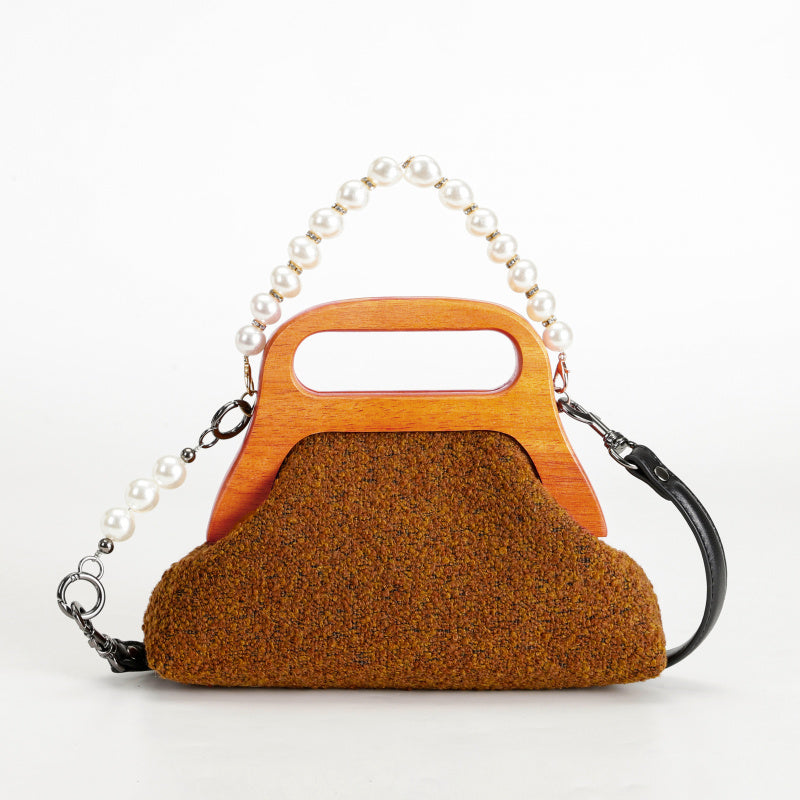 Elegant French Handbag Multicolored Wool Body Wood Handle Detachable Pearl Chain