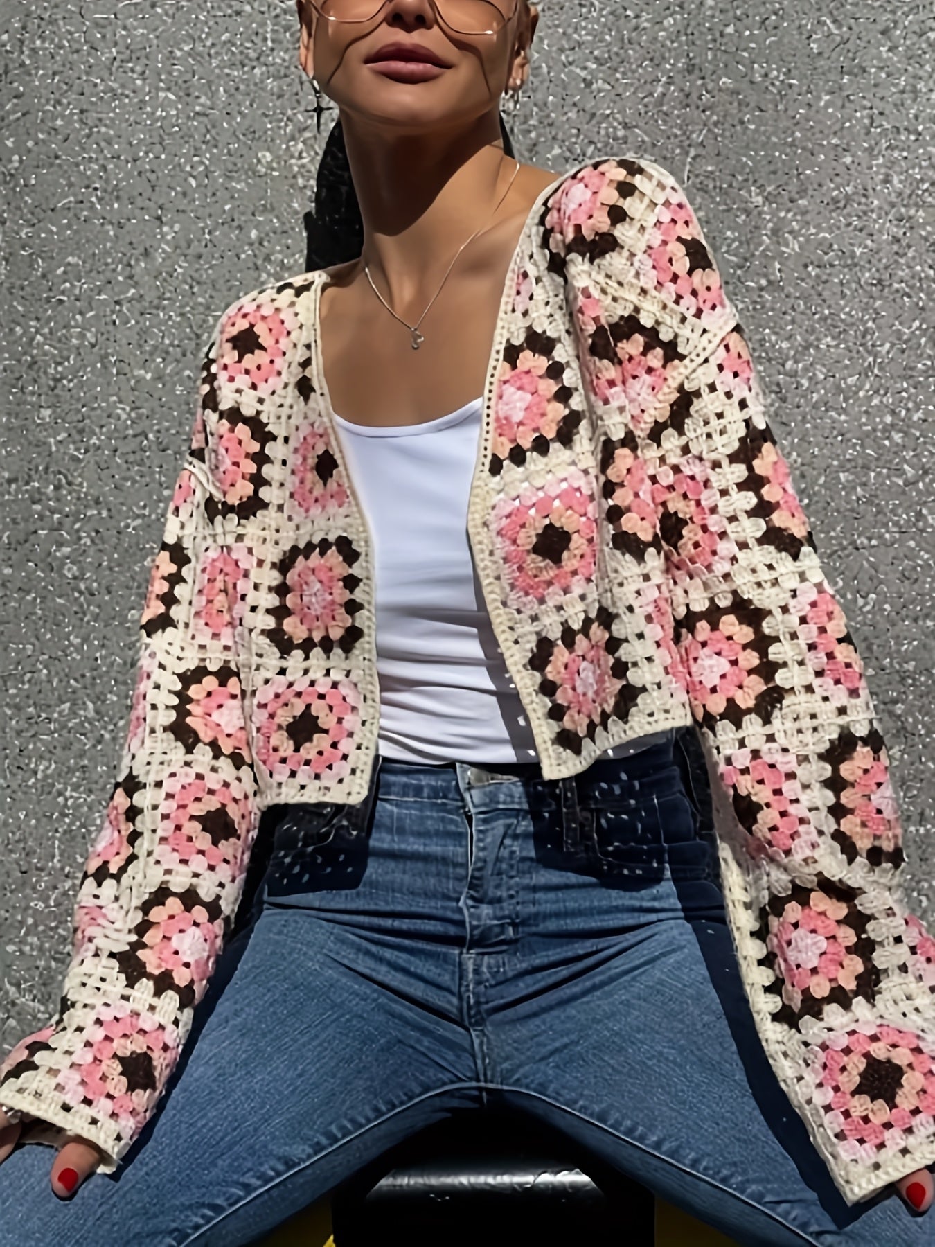 Women's Bohemian Cardigan - Open Front Placket Semi-Sheer Long Sleeve Grid Pattern Crochet Cover-Up, Loose Fit Spring Summer Layering Piece, Hand Wash Only, Lightweight Cardigan, Casual Coverup, Spring Outerwear, Elegant Openfront, Handwashable Fabric, In
