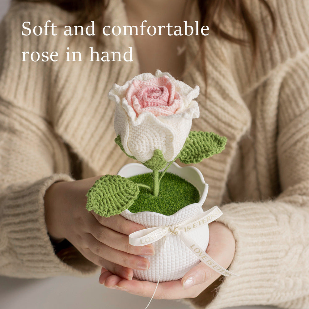 Finished Handmade Yarn Crochet Rose Artificial Flower Potted Plant Office Desk Potted Plant Knitted Flower Ornament