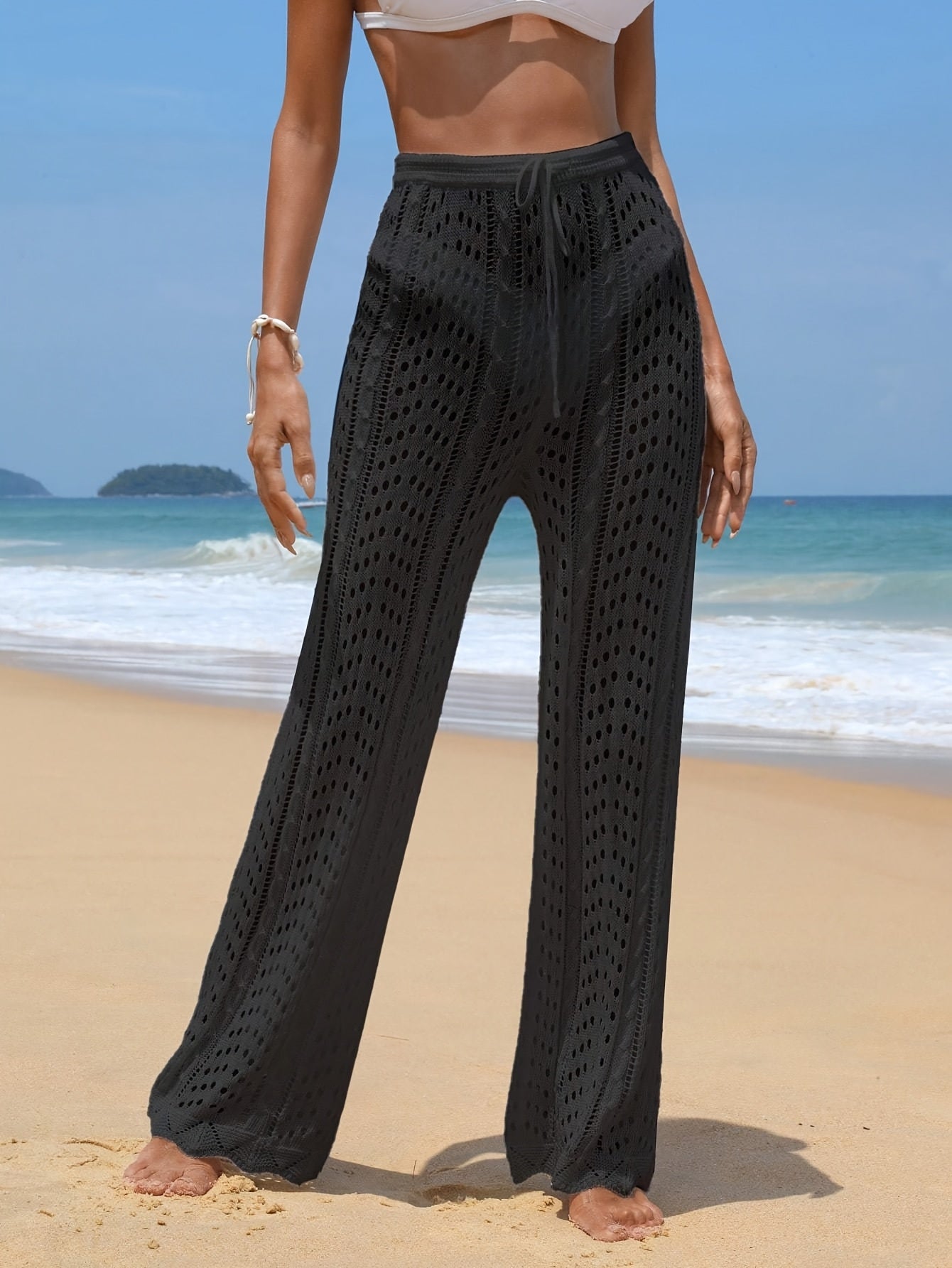 Women'S Casual Long Sleeveless Hollow-Out Crochet Beach Pants, Black, Lightweight Polyester, Side Button Closure, Perfect for Summer Vacation
