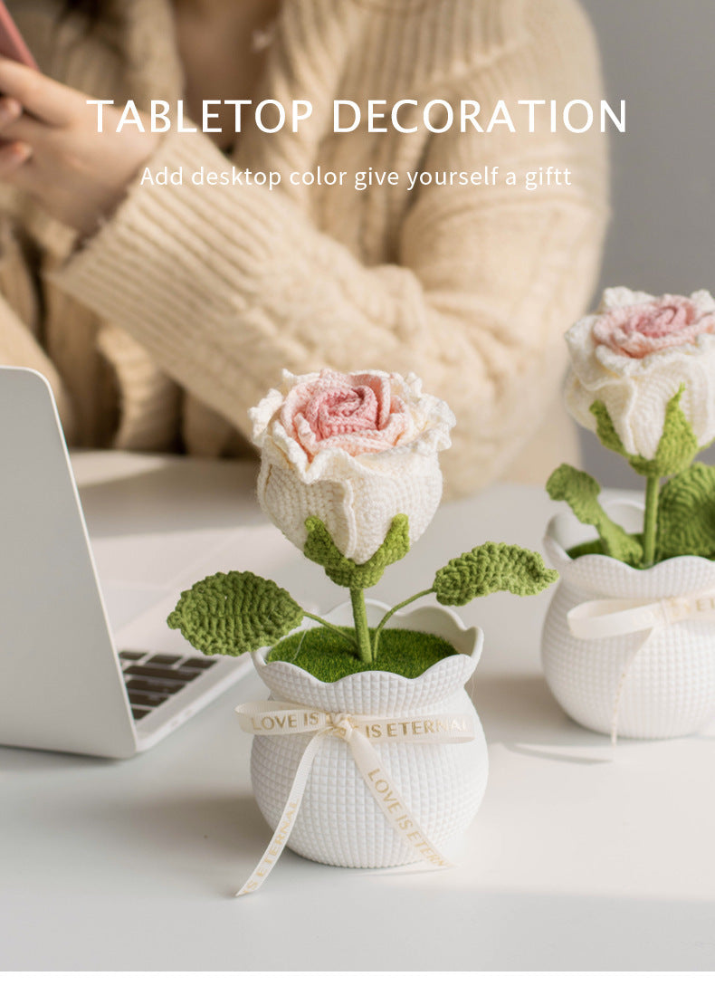 Finished Handmade Yarn Crochet Rose Artificial Flower Potted Plant Office Desk Potted Plant Knitted Flower Ornament