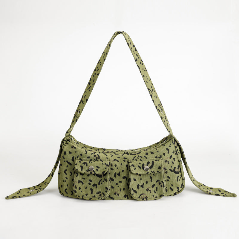 Three-Color Leopard Print Crossbody Bag ins Wind2025New Trendy Cool Retro Street Style Women's Bag Leopard Print Cotton Canvas Bag