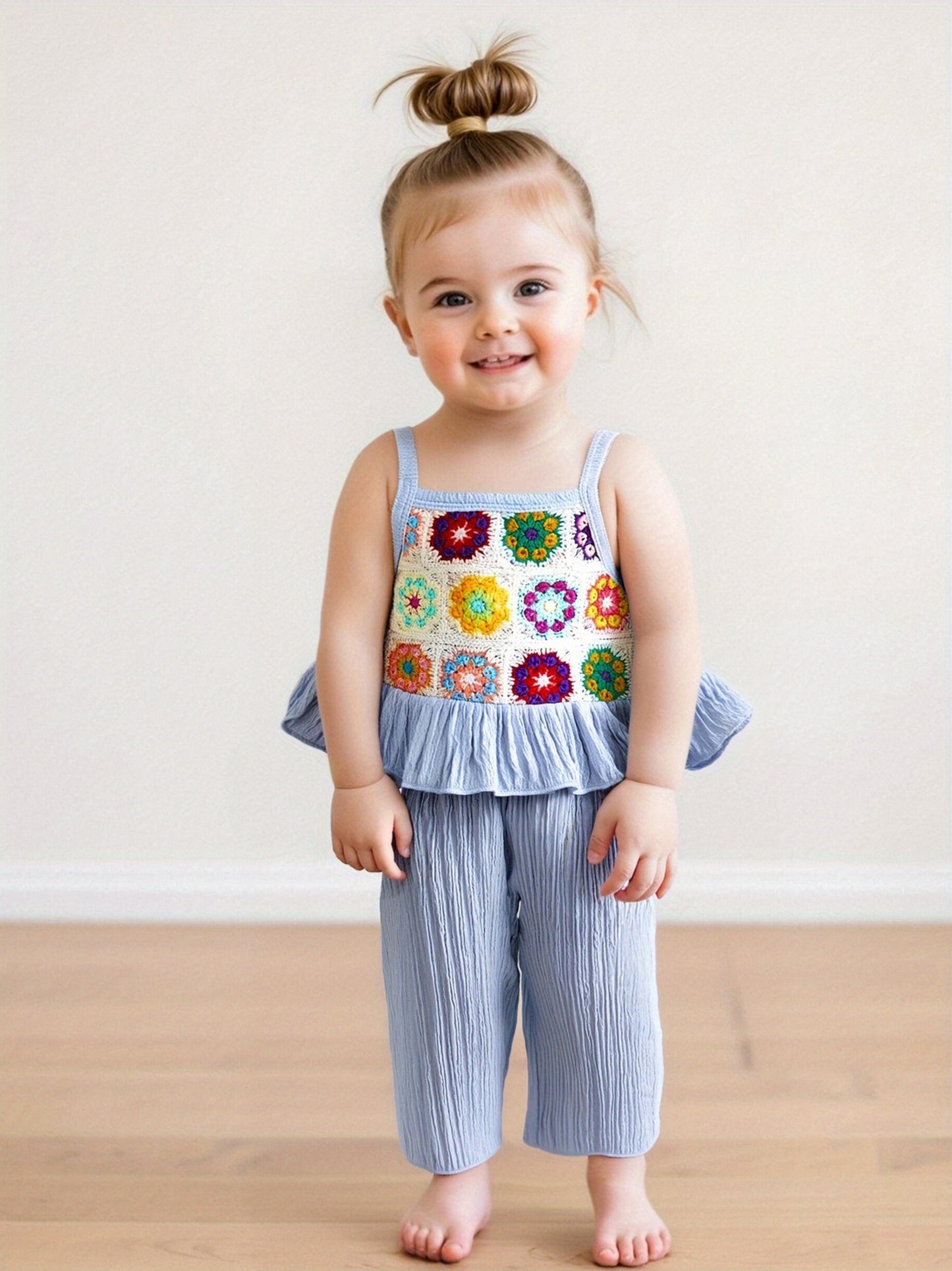 2pcs Boho Youngsters' Sleeveless Floral Crochet Knitted Ruffle Tank Cami Top & Wide Leg Pants Set - Elastic Waist, Linen Blend, Perfect for Summer Beach Outfits, Youngsters' Clothing | Floral Pattern Top | Crochet Knitted Fabric, Youngsters Clothes, for O
