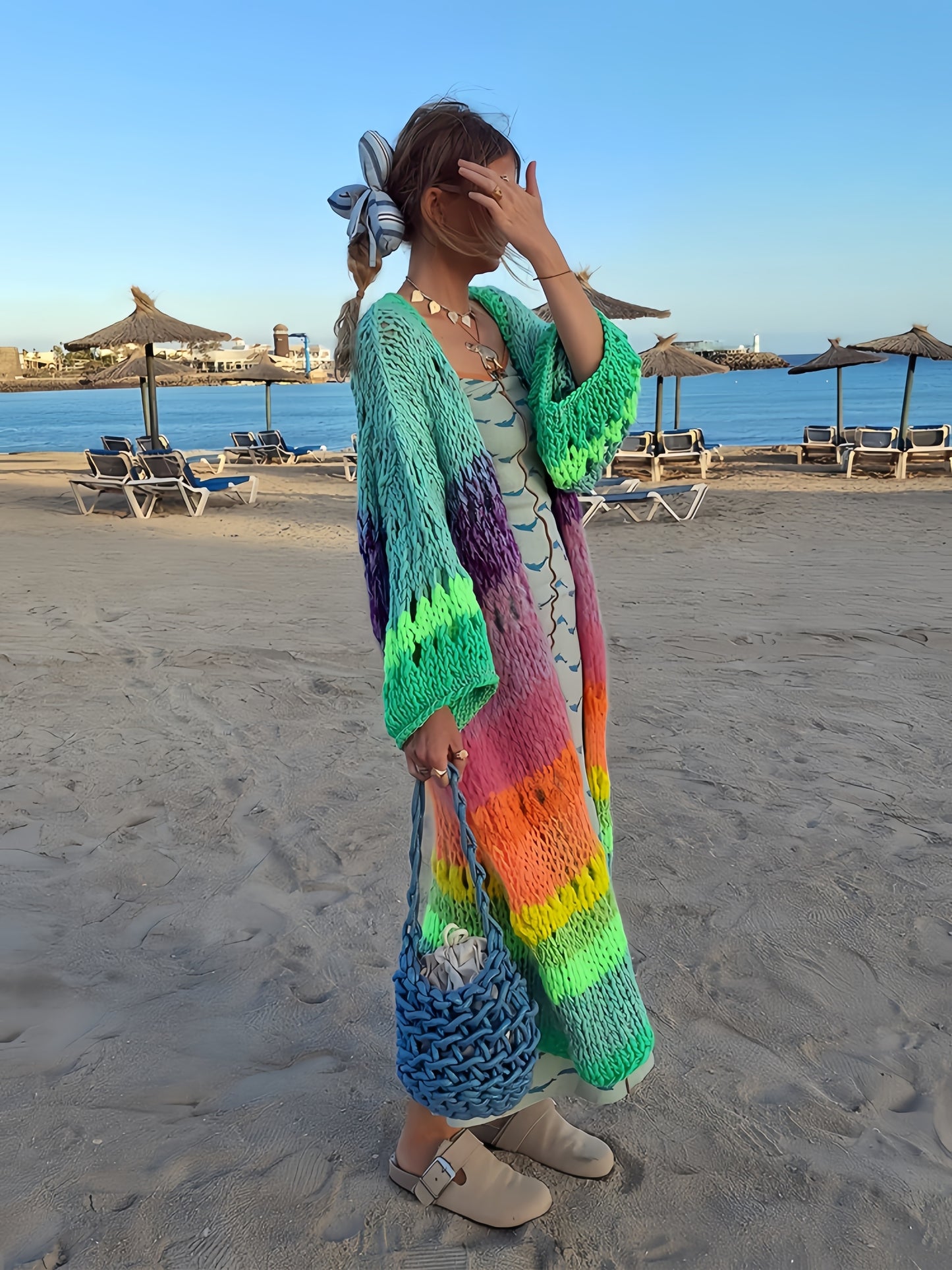 Luxurious hand- colorful Women's warm coat gradient bright color retro lantern sleeve ribbon cardigan fashionable boho long chic Women's coat Swimsuit Cover-ups K12