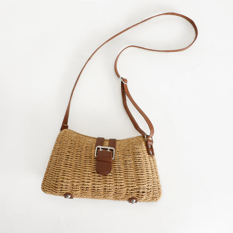 Forest Style Handwoven Tote Bag Top Layer Cowhide Flip Cover Metal Buckle Adjustable Strap Dual-use Bag Non-slip Base Design