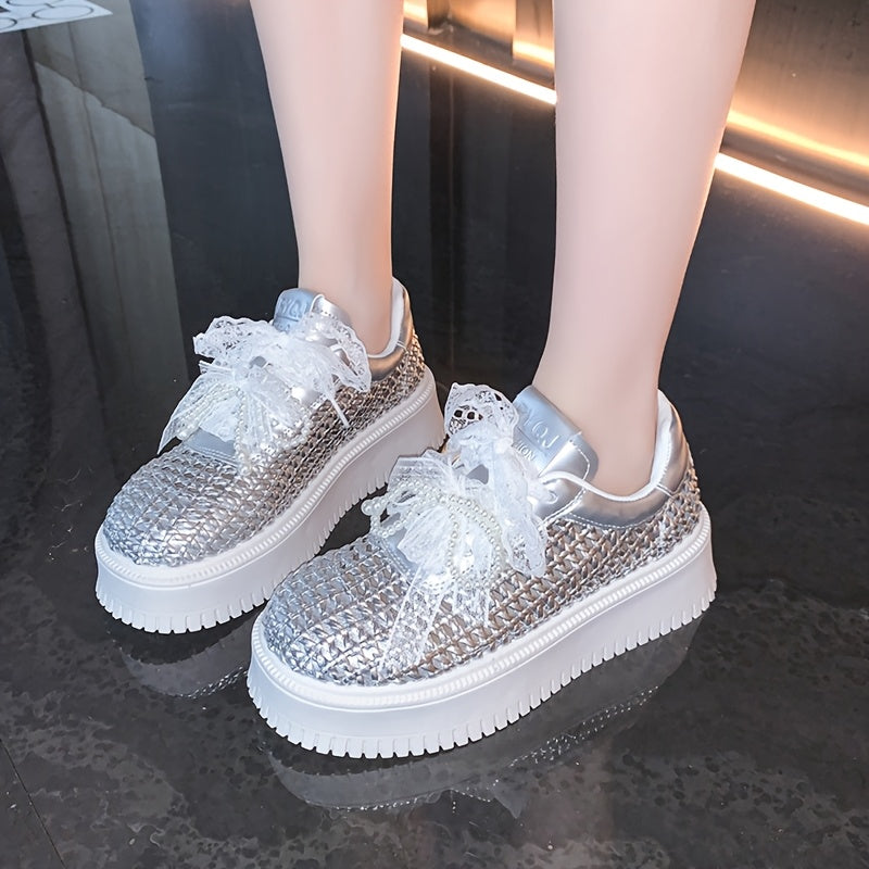Women'S Breathable Crochet Mesh Sneakers - Low-Top Lace-Up Casual Shoes with Thick Rubber Sole, White & Golden Accents, All-Season Comfort for Casual Attire, Ladies Sneakers, Comfortable Footwear, Stylish Bow Detail, Durable Footwear