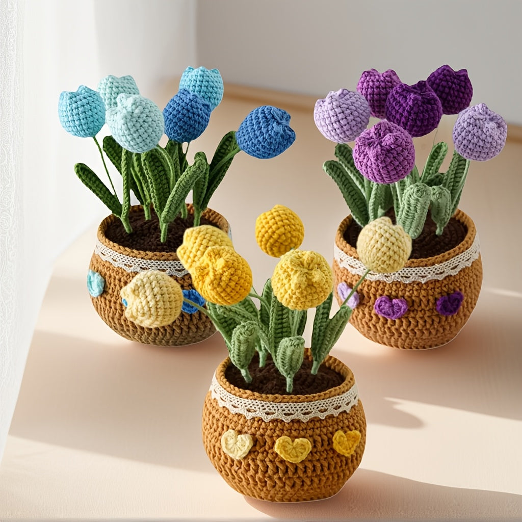 Heartfelt Gift Handmade Crochet Artificial Tulip Potted Plant Yarn Craft Home Decoration or Office Decoration