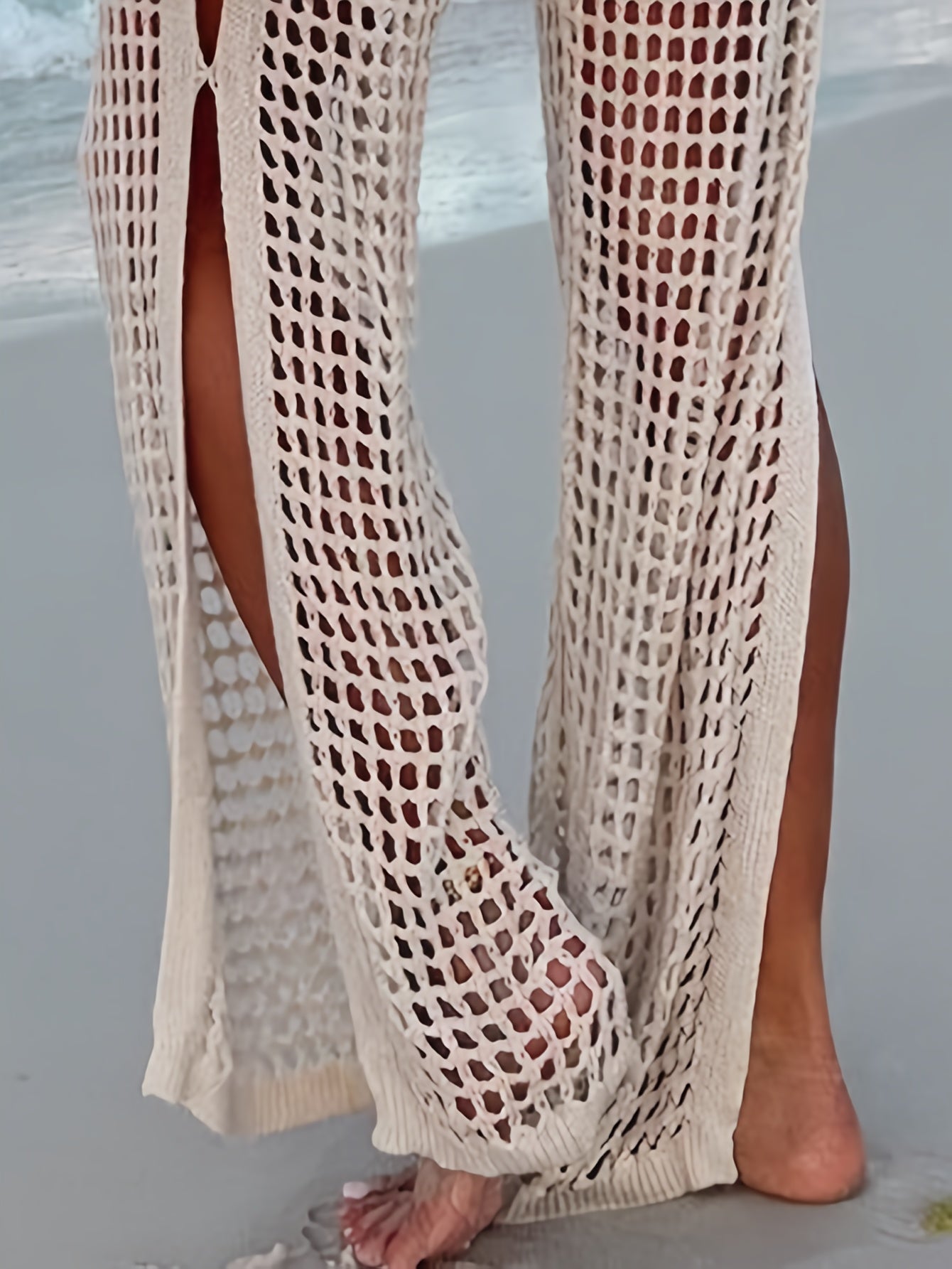 Women'S Beach Vacation Cover-Up Pants with Hollow Cut, Drawstring, Stretchy Bohemian High-Waisted Crochet Wide-Leg Trousers.
