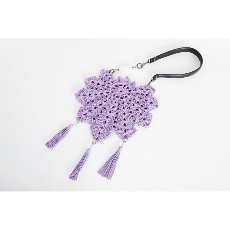 Handmade Crocheted Snowflake Hollow Crossbody Bag Pearl Tassel Leather Shoulder Strap Ethnic Style Retro Shoulder Bag
