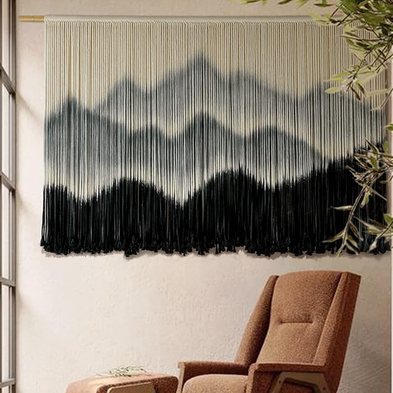 【Family relaxation】Large Bohemian Macrame Wall Hanging Canvas - Stripes、Gradient Blue and Black Fiber Art,Perfect for modern home decor,51Inches Wide x 31Inches Long,Cotton material,Bohemian Home Decor|Striped Pattern|Handmade Textile Products,McLamy Wall