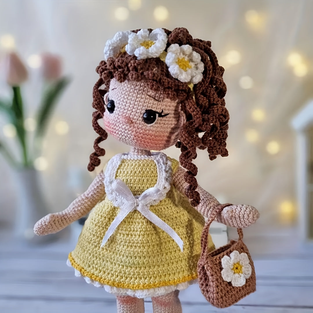 1pc/set, Amigurumi adult crochet DIY, hand-knitted yellow dress little flower princess, suitable for beginners, including everything needed for crochet, paper English basic knitting tutorial manual, exquisite gift packaging bag, healing character figure o