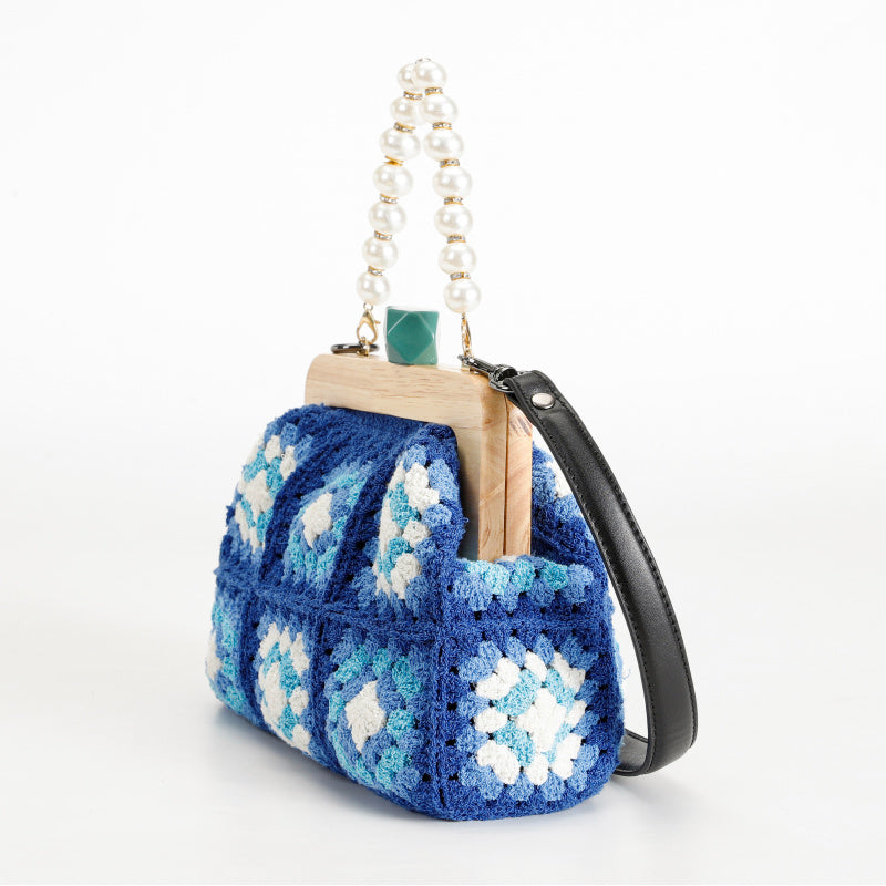 Vintage Handmade Blue Handicraft Crochet Hand Bag Flower Wooden Coin Purse Leather Shoulder Strap Bohemian Woven Handbag