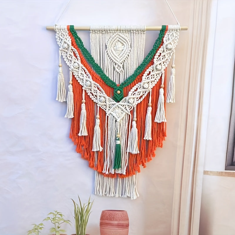 Handmade Geometric Pattern Tapestry - Bright Orange-Green Tassel Decoration Paired with White Accents,bohemian Style Home Office and Living Room Art,No Electricity Required Indoor Wall Decoration,Unique Gift Ideas
