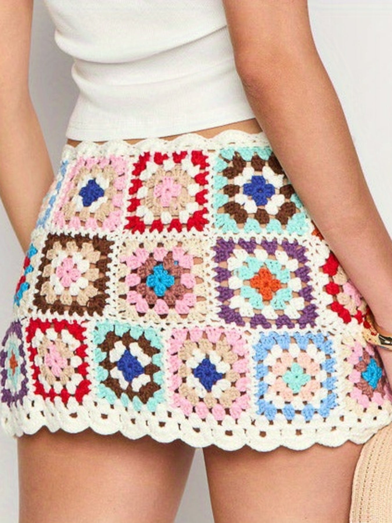 Handmade Crochet Mini Skirt with Colorful Geometric Pattern - Adjustable Drawstring, Closed Side, Flowy Design for Women | Ideal for Summer Beach Vacations, Beach Vacation Attire | Playful Pattern Skirt | Stylish Knitwear