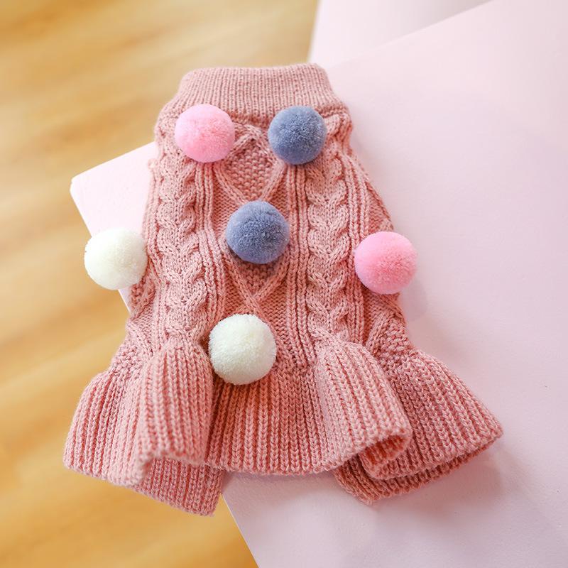 Puppy Pet Clothes Autumn Winter Knitted Warm Sweater Teddy Bichon Small Dog Pullover Yarn Dress-Pleated Wool Dress