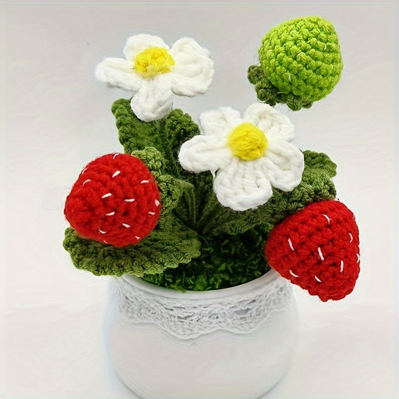 Handmade Crochet Strawberry Potted Plant - Faux Velvet Flower Decoration,Pot included,Suitable for home and party table display