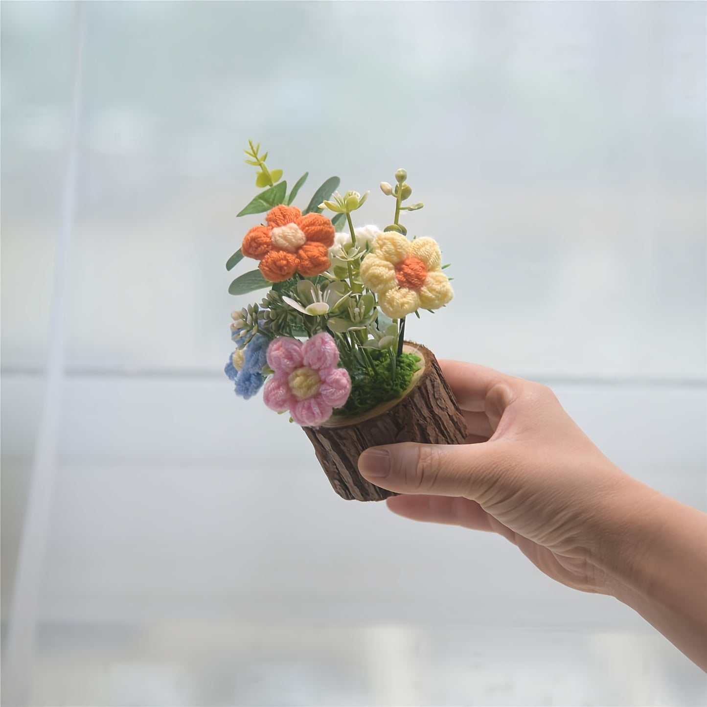 2Handmade Crochet Sunflower Flower,Knitted Mini Cute Potted Plant Home Desktop Decoration,Suitable for office desk、Gift,Sunflower