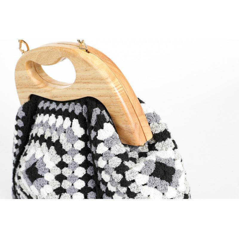Vintage Handmade Black and White Crocheted Wooden Handle Crossbody Bag Leather Long Shoulder Strap+Metal Fasteners Mori Artistic Woven Bag