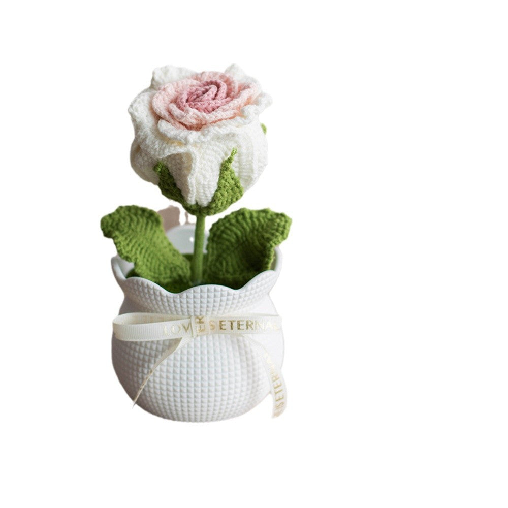 Finished Handmade Yarn Crochet Rose Artificial Flower Potted Plant Office Desk Potted Plant Knitted Flower Ornament