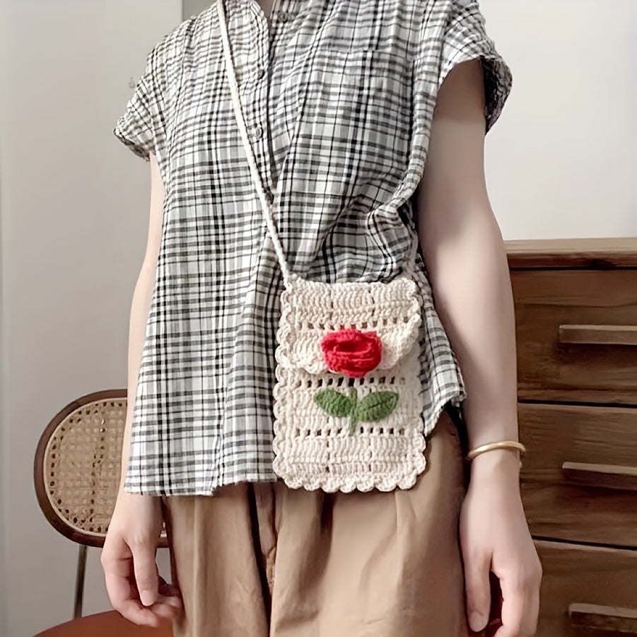 Hand-woven Flower Ladies' Phone Bag 3D Rose Daisy Vintage Lady Style Crossbody Bag Portable for Outings