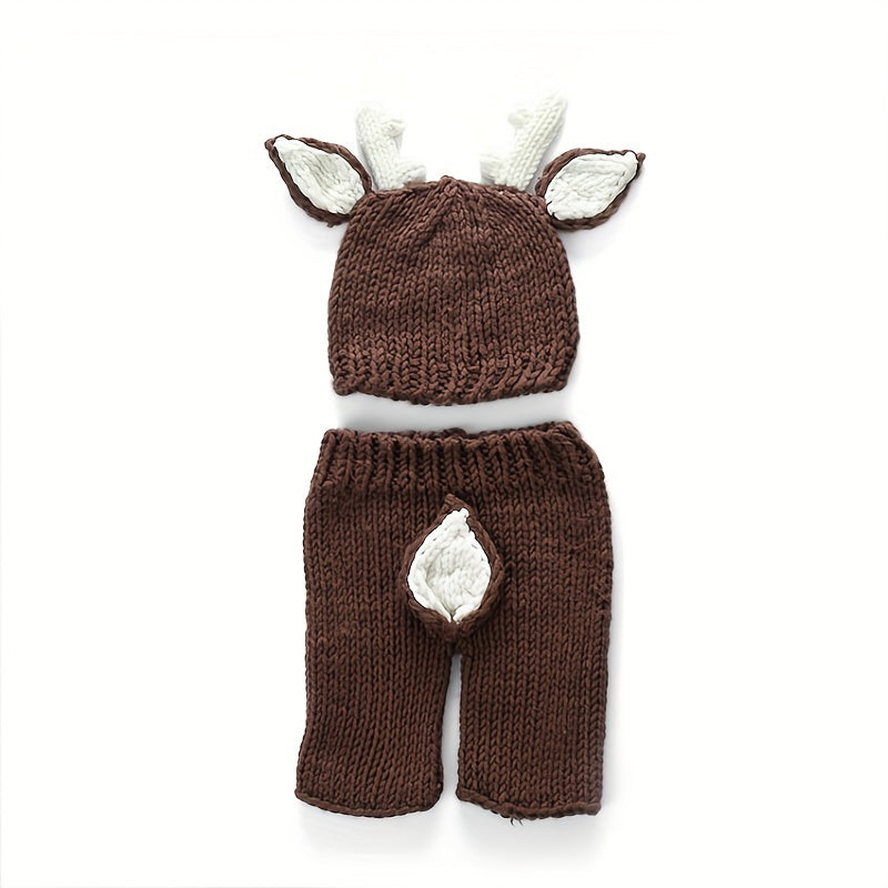 Christmas Reindeer Brown Two-Piece Set Handmade Baby Velvet Knitted Photography Props