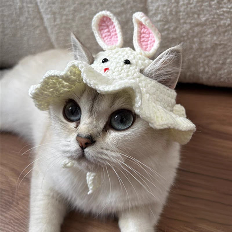 2Elegant Crochet Cat Hat with Bunny Ears,Ruffled edges and floral decorations - 100% Polyester Pet Clothing for Small to Medium Cats - Birthday、Holiday and Travel Photography Accessories - Comfortable Pet Clothing,Cute Bunny Theme,Comfortable Close-Fittin