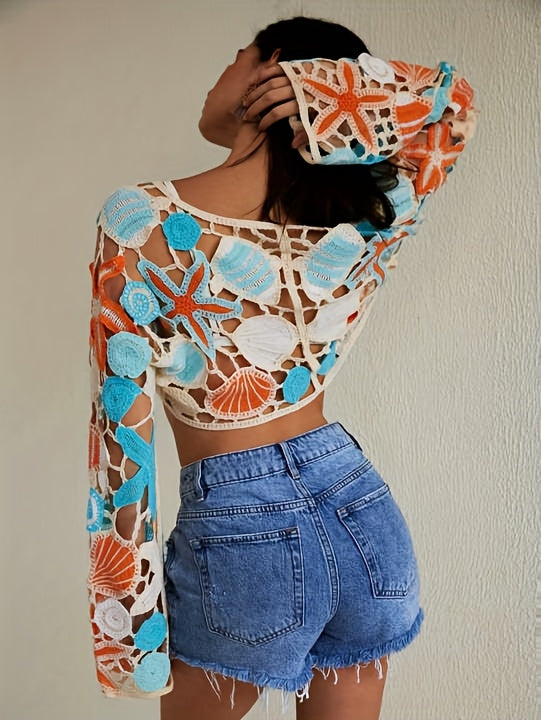Women'S Bohemian Crochet Crop Top with Starfish & Seashell Design - V-Neck, Non-Stretch Fabric, Hollow Detail, Fashionable Beachwear with Drawstring Detail, Beach Coverup | Crochet Crop Top | Non-Stretch Fabric