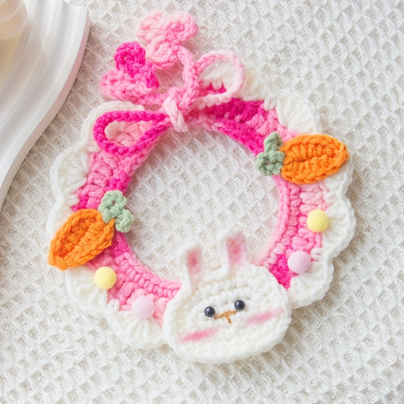 Handmade Cute Crochet Cat and Dog Scarf,Comes with a pink bow tie、Rabbit ears and cherry embellishments – Lightweight、Fashion、Suitable for All Seasons – Suitable for small to large pets
