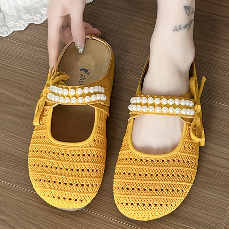Women'S Yellow Crochet Sandals with Pearl Accents - Fashionable, Comfortable No-Show Slippers for Indoor/Outdoor Use, Rubber Sole, Synthetic Faux Leather Insole, Fabric Upper, Perfect for Summer and 59 Festivals, Festive Footwear | Crochet Sandals | Comfo